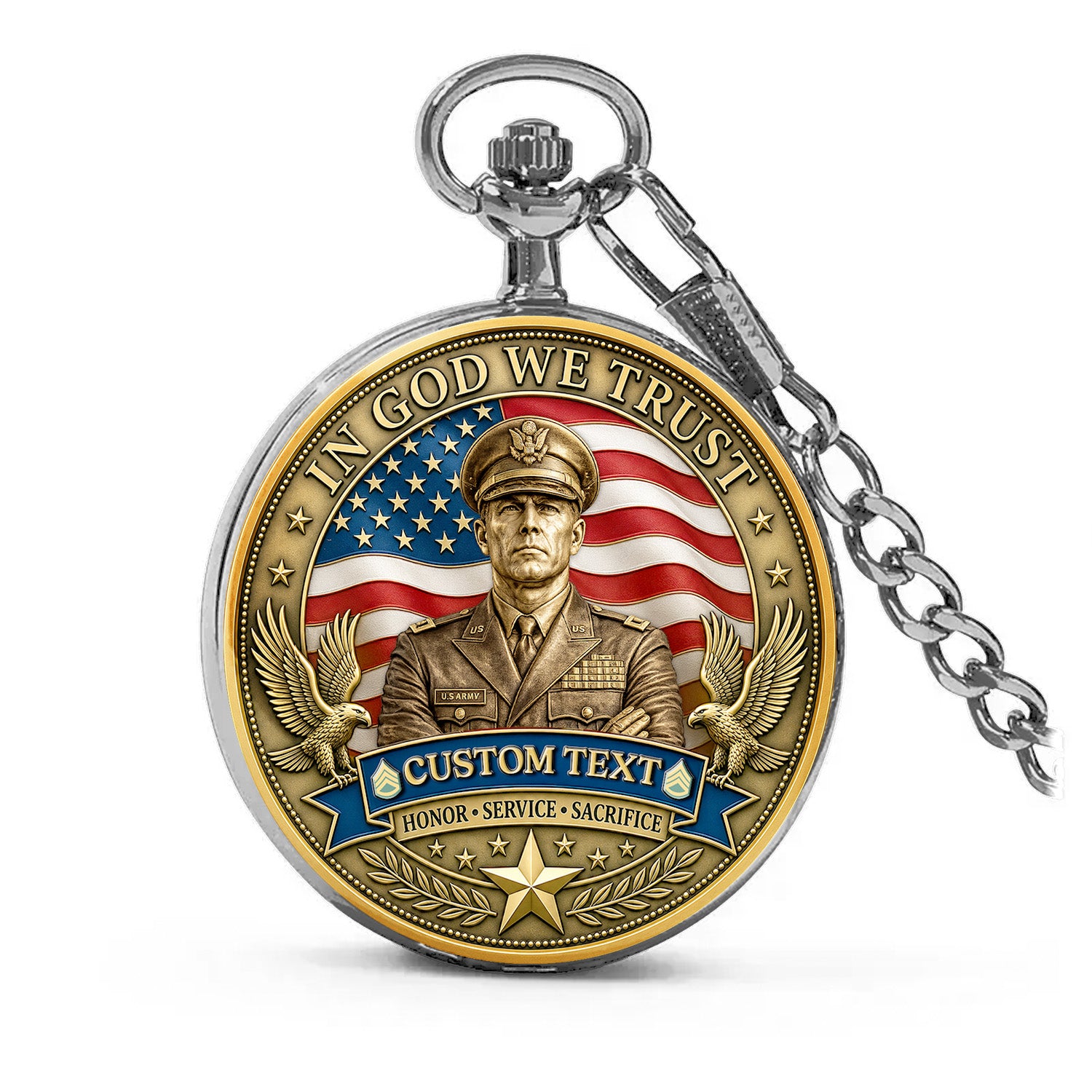 US Army Personalized Pocket Watch Custom Rank Veteran Gift