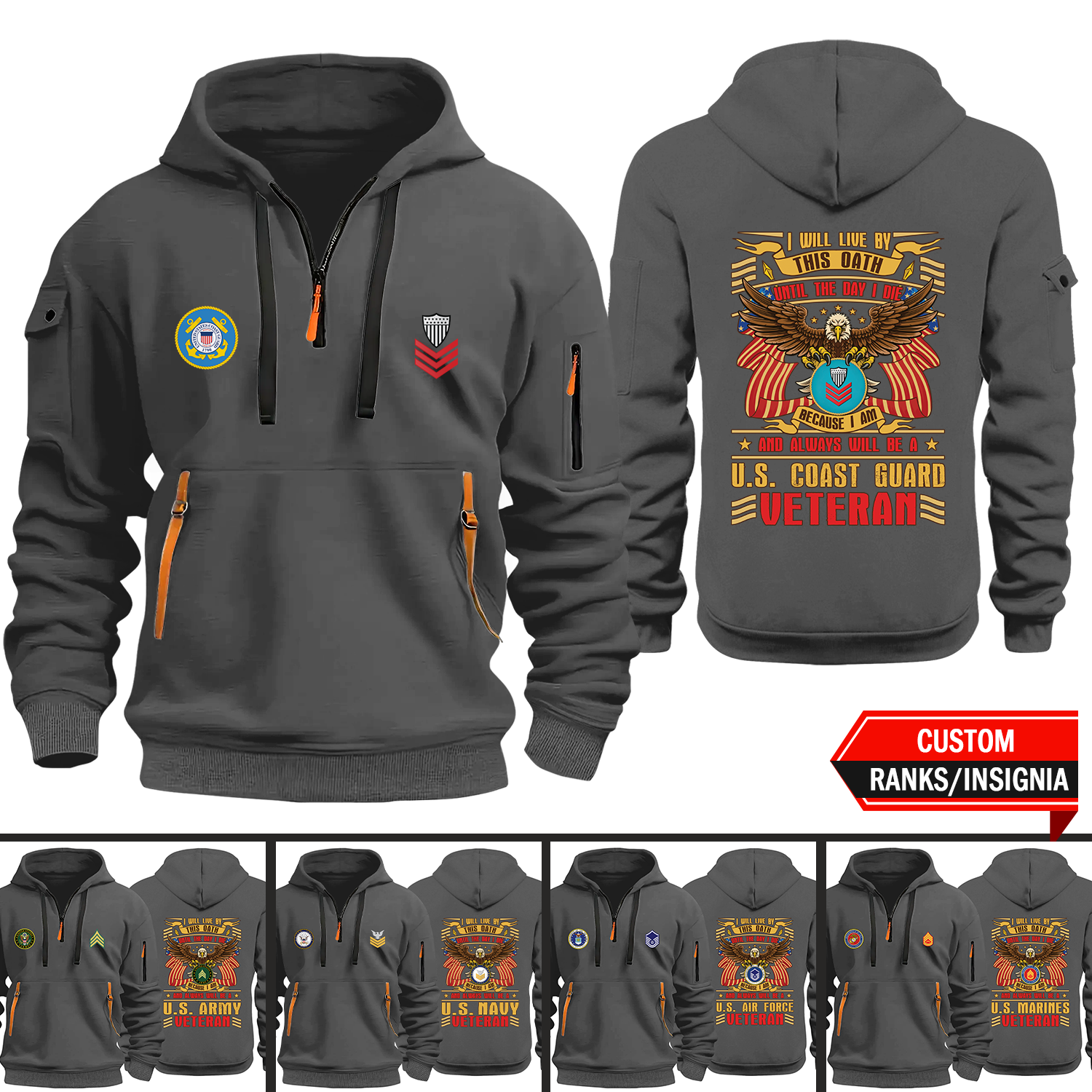 I Am And Always Will Be A Veteran Custom US Military Ranks/Insignia 2D Quarter Zip Hoodie