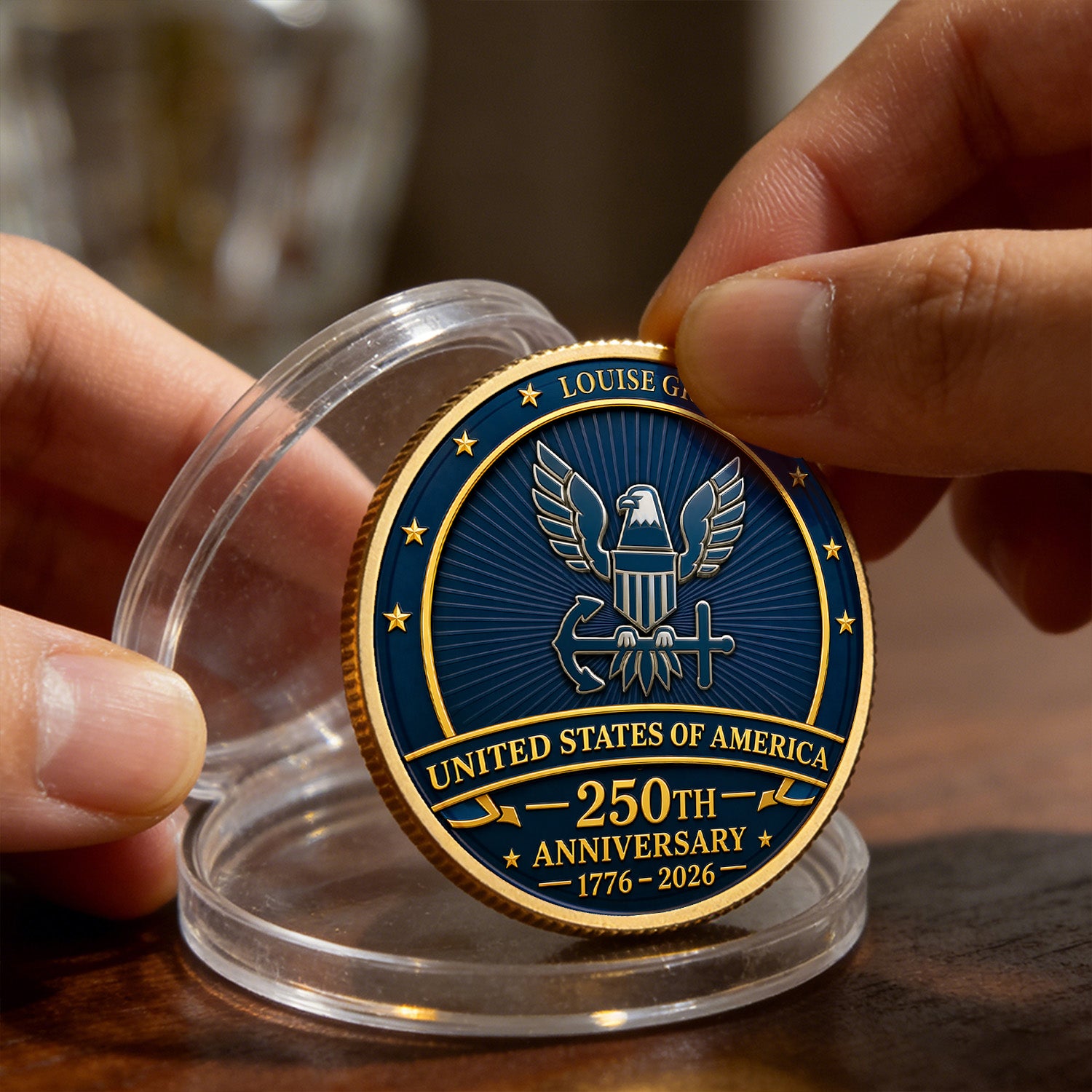 USA 250th Anniversary Custom Navy Challenge Coin Personalized Rank Name Gift