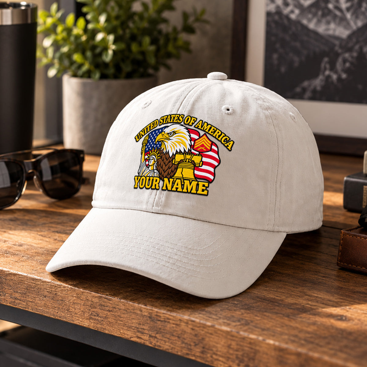 U.S. Marine Corps Embroidered Cap Custom Rank Text Veteran Gift
