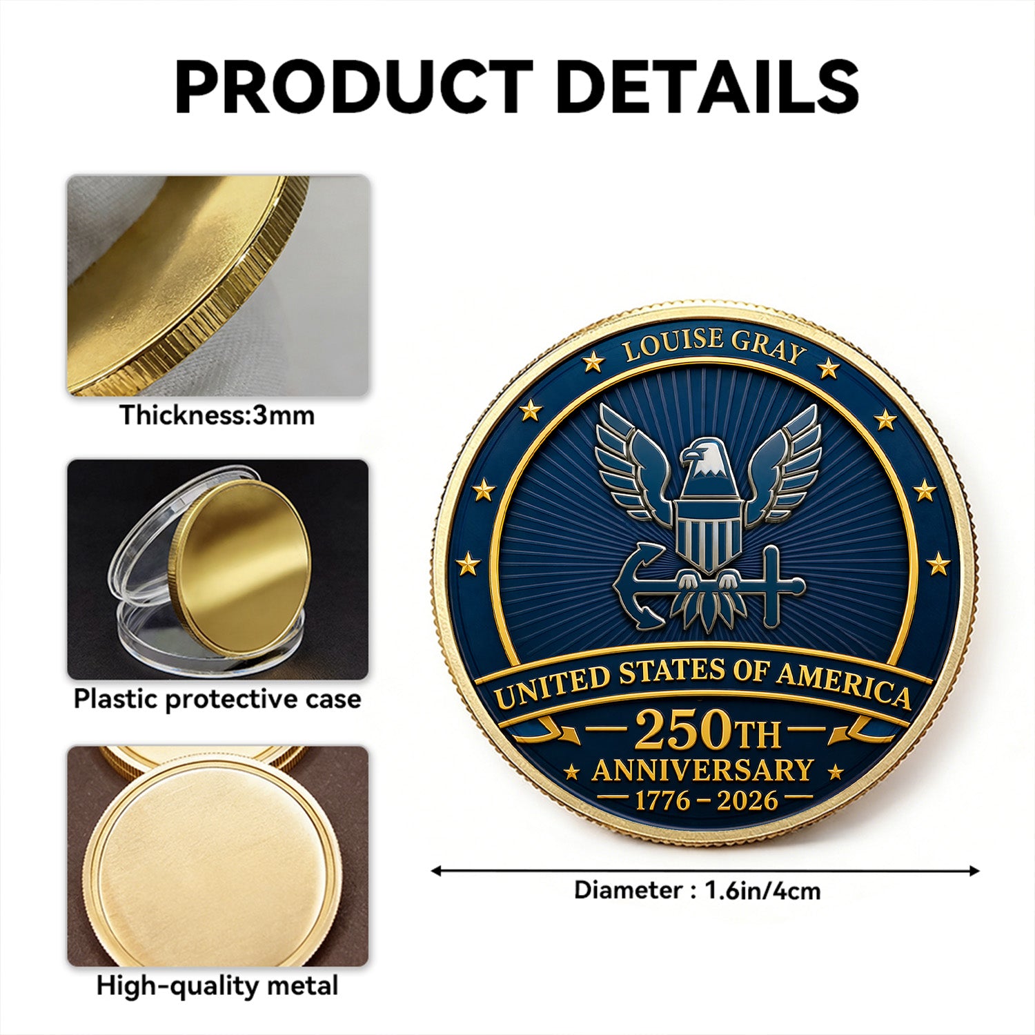USA 250th Anniversary Custom Navy Challenge Coin Personalized Rank Name Gift