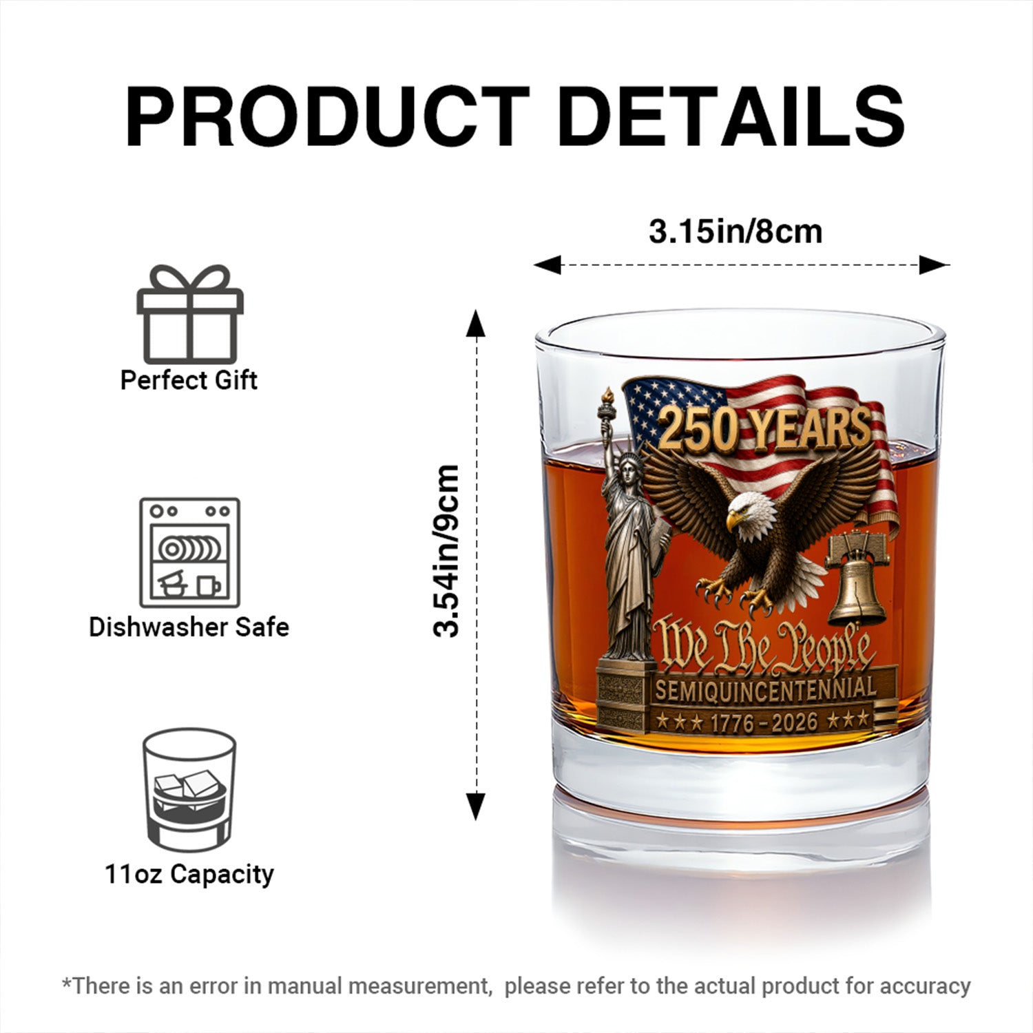 USA 250 Years of Freedom Whiskey Glass Patriotic Gift