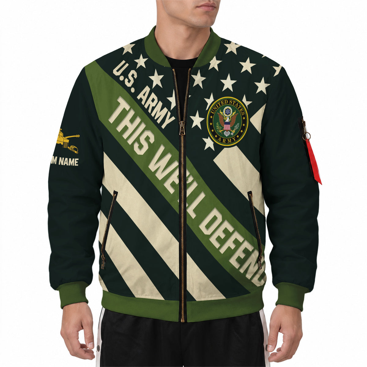 Custom US Army Soldier Bomber Jacket with Personalized Text & Military Rank