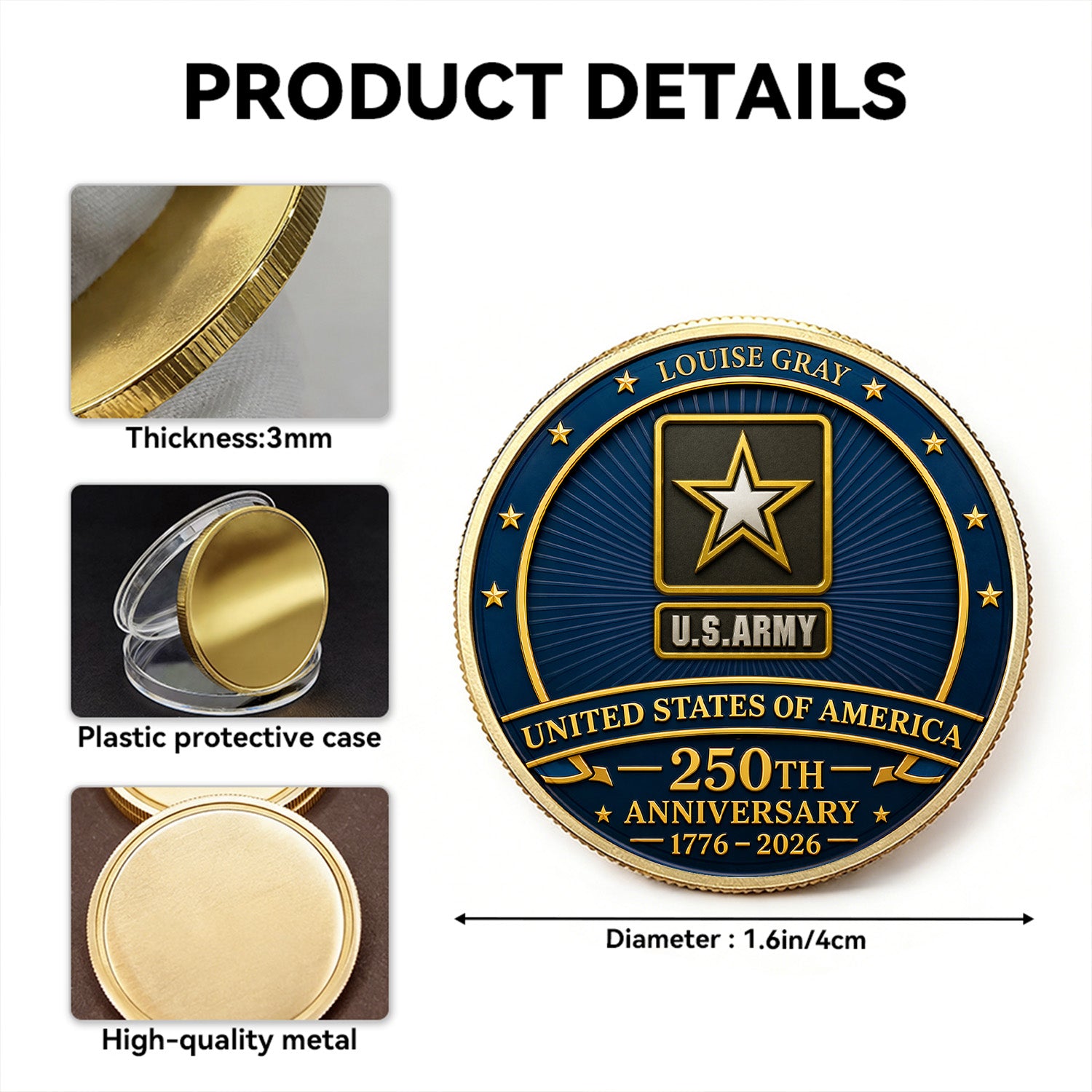 USA 250th Army Challenge Coin Custom Rank Name