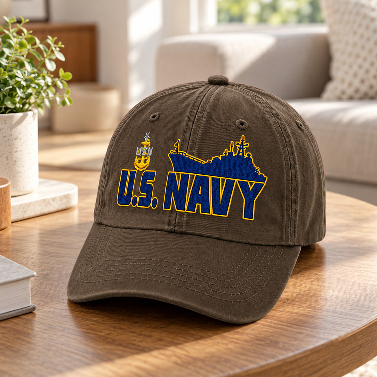 Personalized U.S. Navy Embroidered Washed Cap Custom Rank and Text