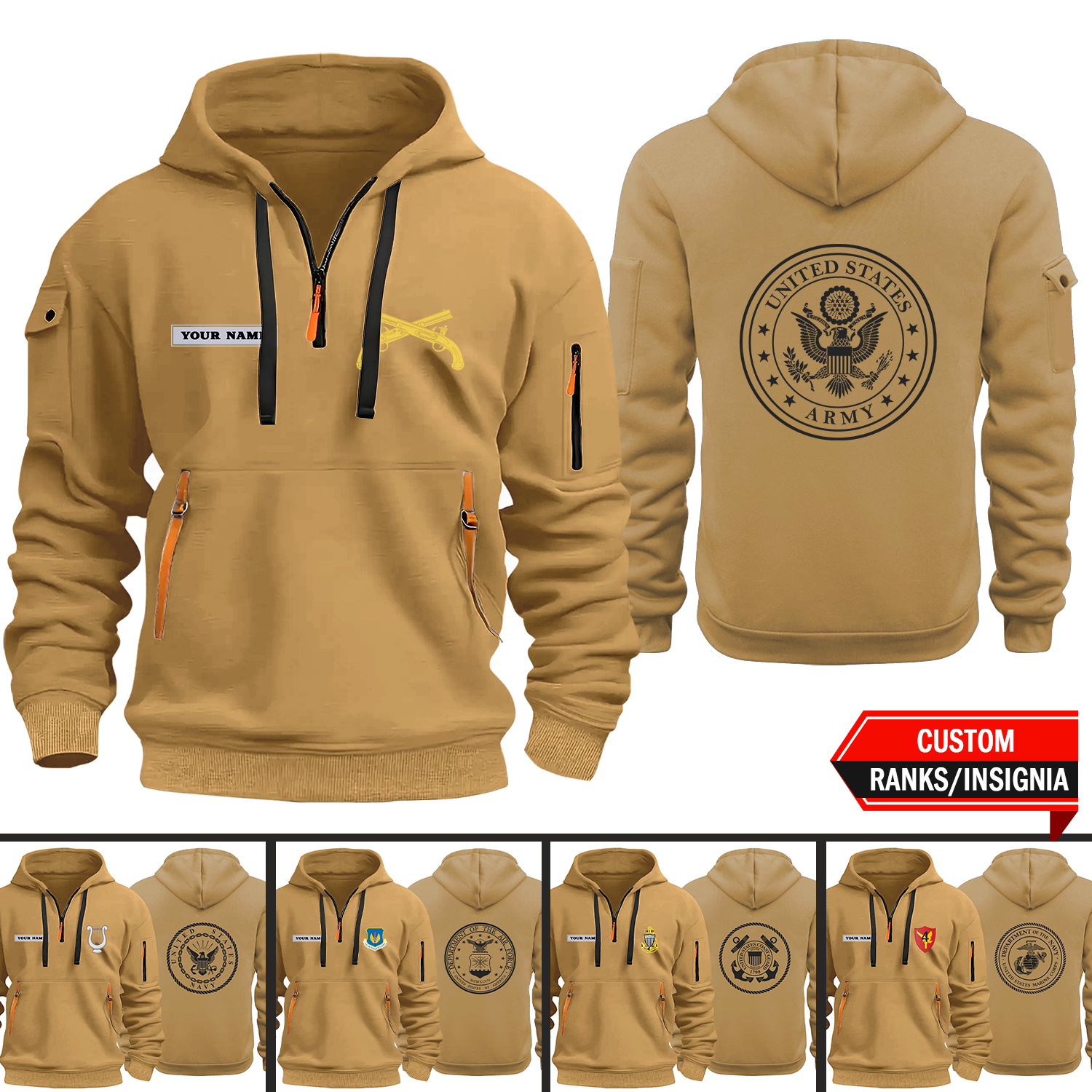 Custom Ranks/Insignia, Personalized Text 2D Quarter Zip Hoodie