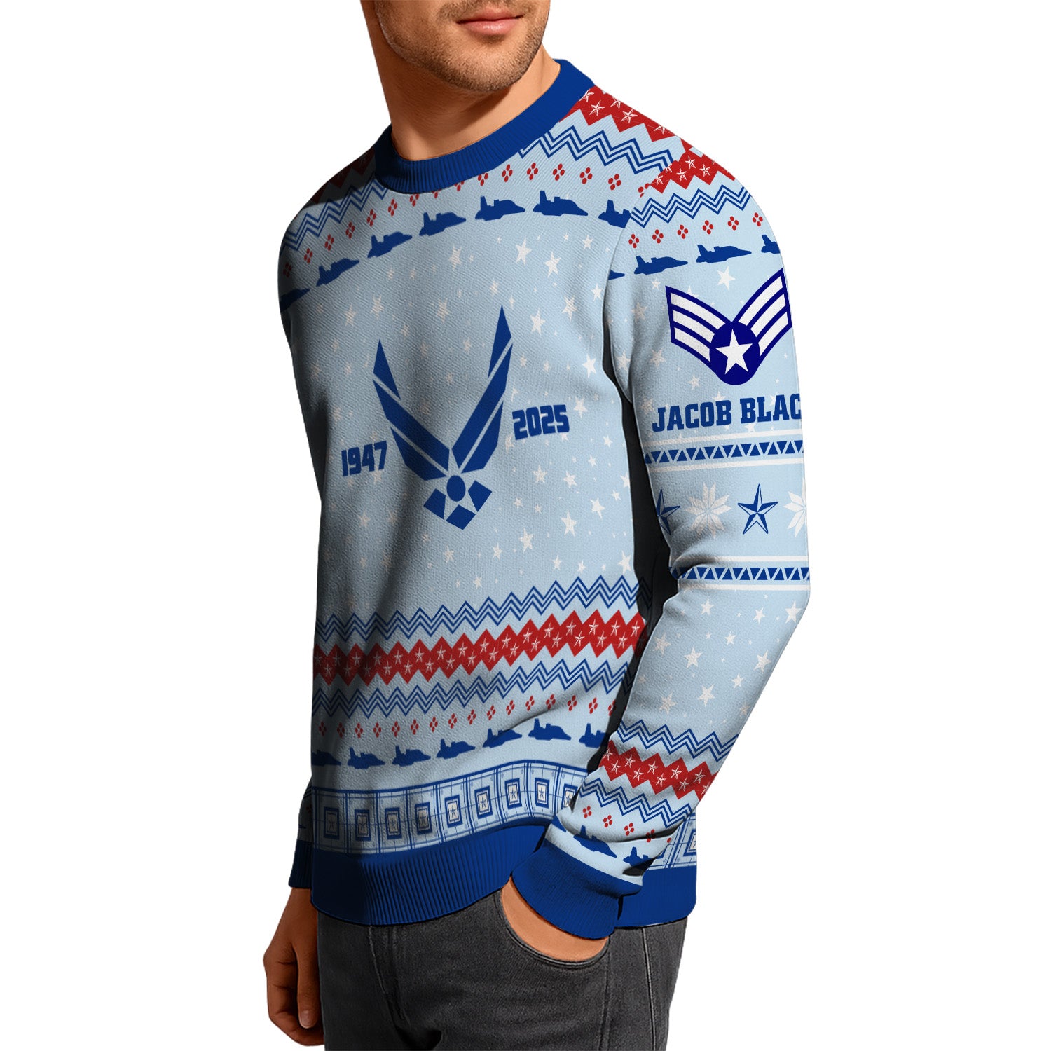 Custom Ranks And Text US Air Force Ugly Christmas Sweater for Women Men KRUST02