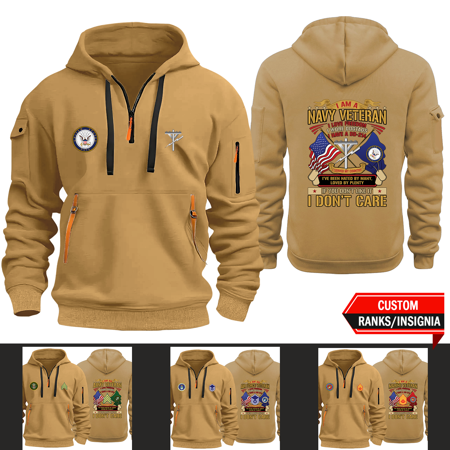 I Am A Veteran Custom US Military Logo/Ranks 2D Quarter Zip Hoodie