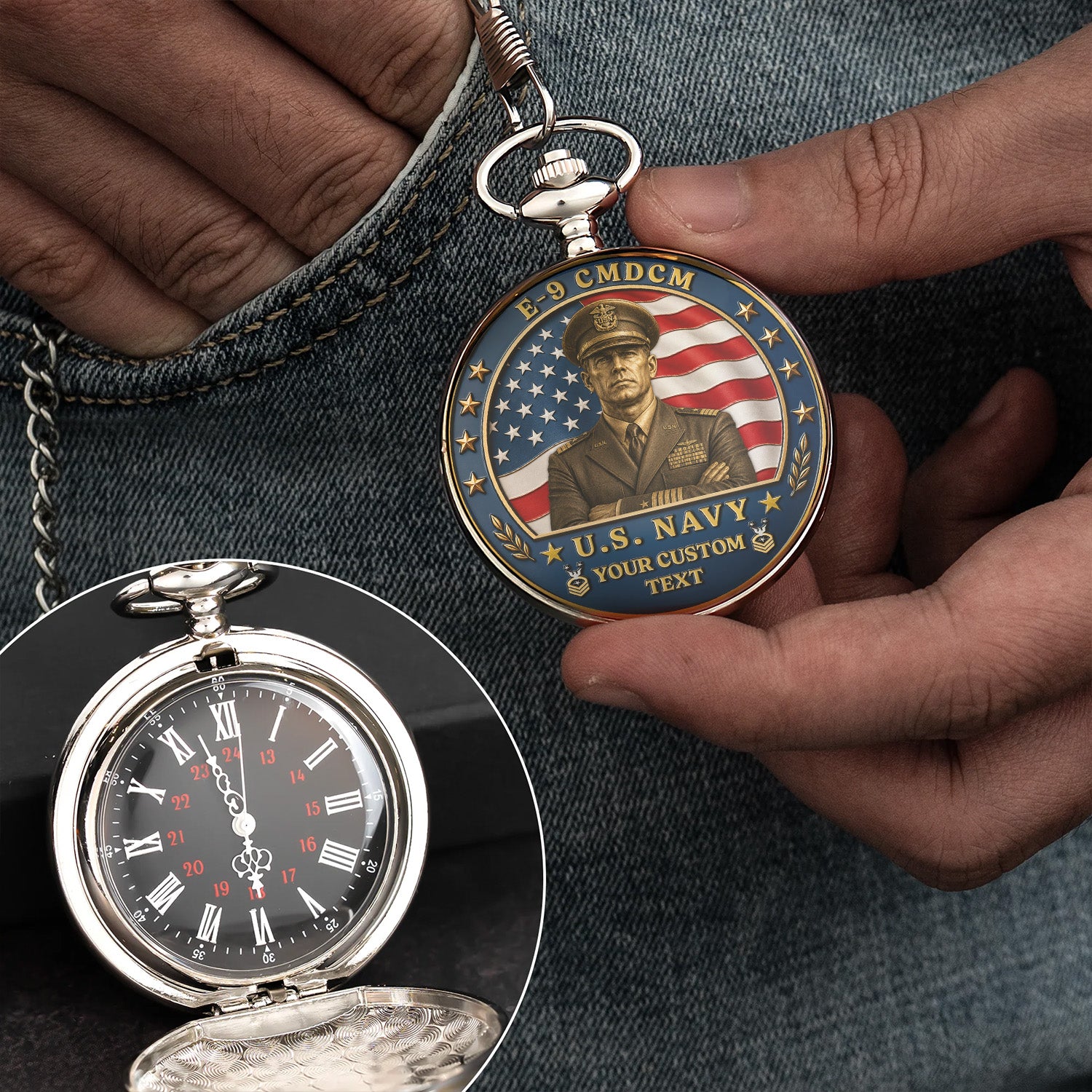 US Navy Sailor Pocket Watch Custom Name Rank Veteran Gift