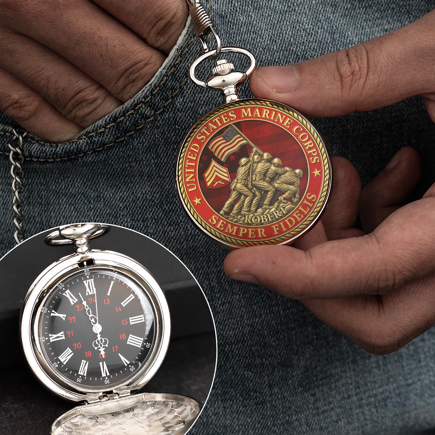 USMC Iwo Jima Pocket Watch – Personalized Marine Corps Veteran Gift