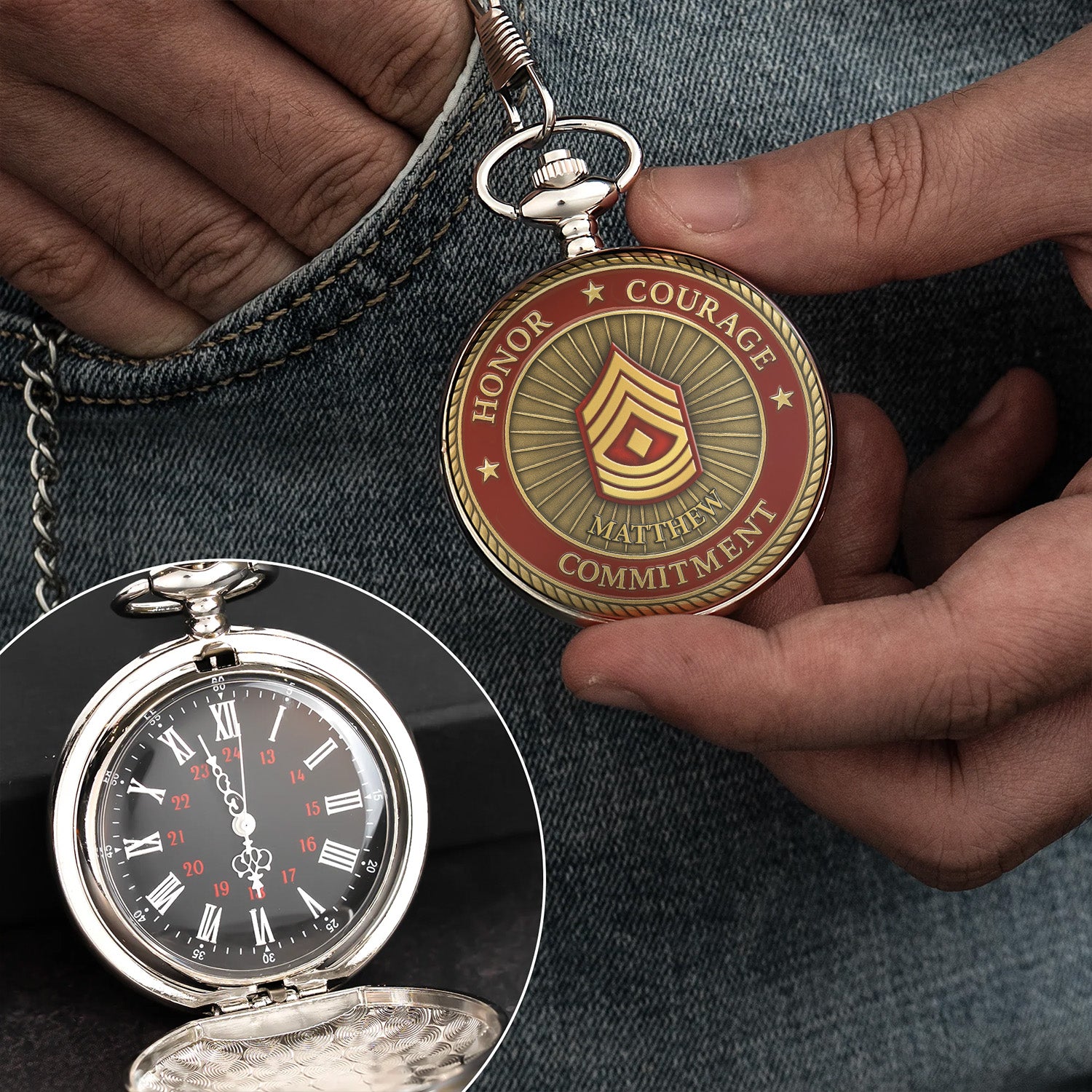 Personalized MARlNE Core Values - Custom Rank/Name Pocket Watch