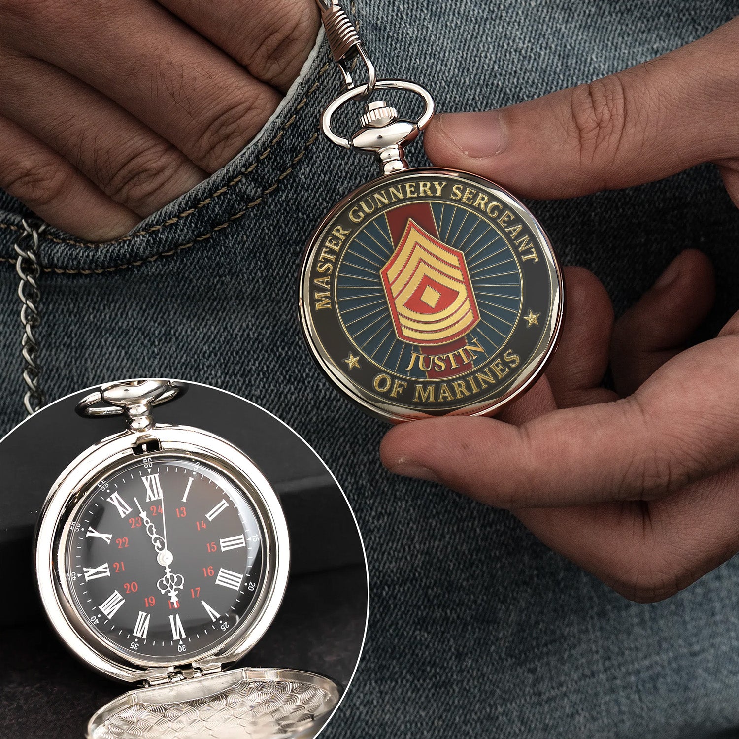 Custom Rank USMC Pocket Watch – Personalized Marine Corps Veteran Gift