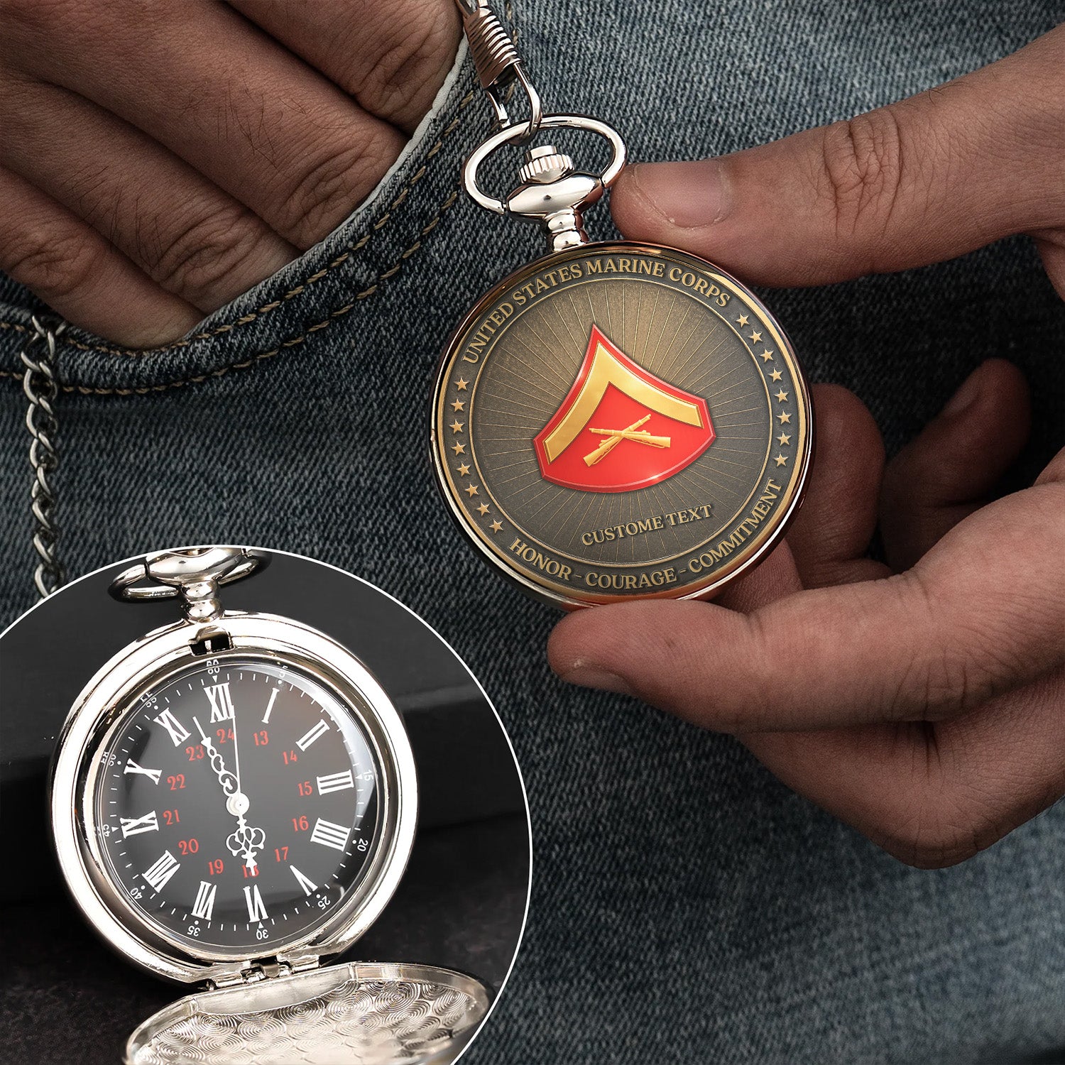 Custom USMC Pocket Watch Personalized Marine Veteran Gift