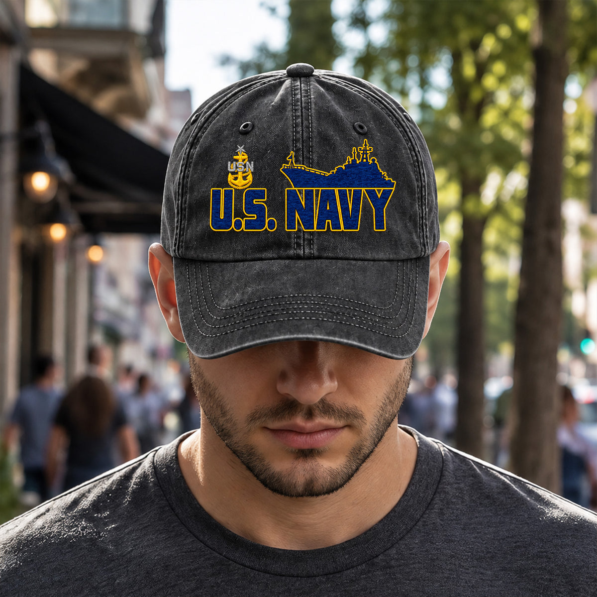 Personalized U.S. Navy Embroidered Washed Cap Custom Rank and Text