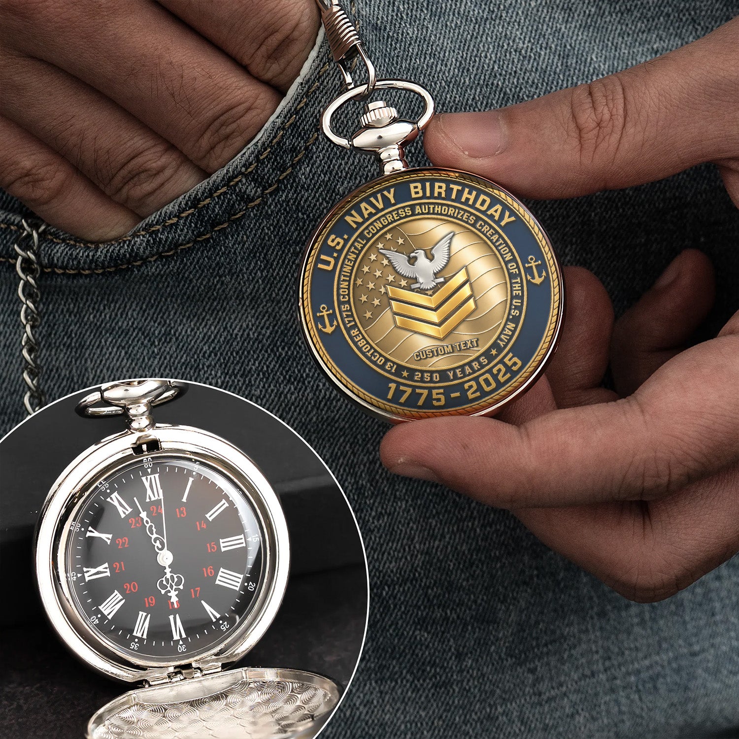 Personalized US Navy Military Pocket Watch 250 Years Gift