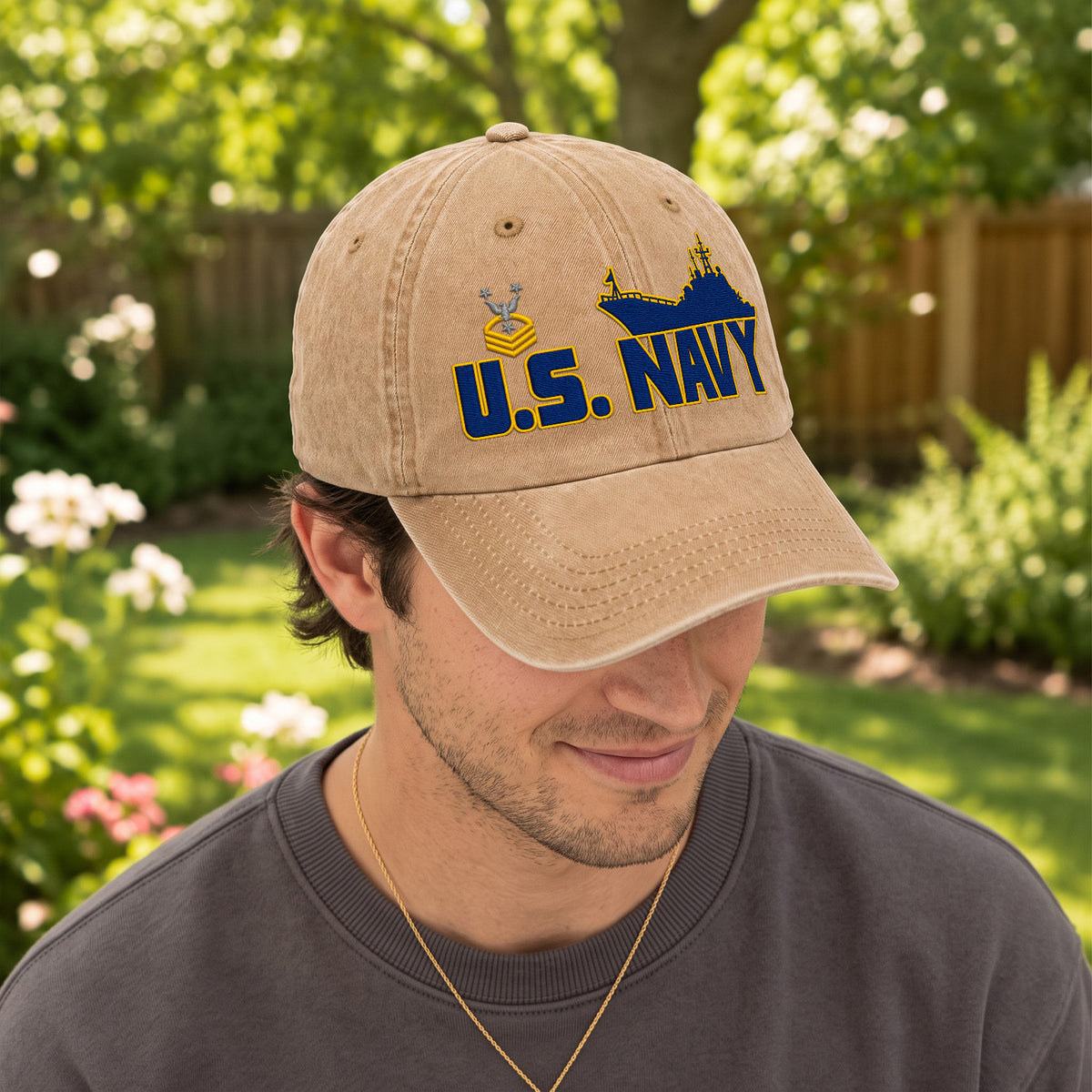 Personalized U.S. Navy Embroidered Washed Cap Custom Rank and Text