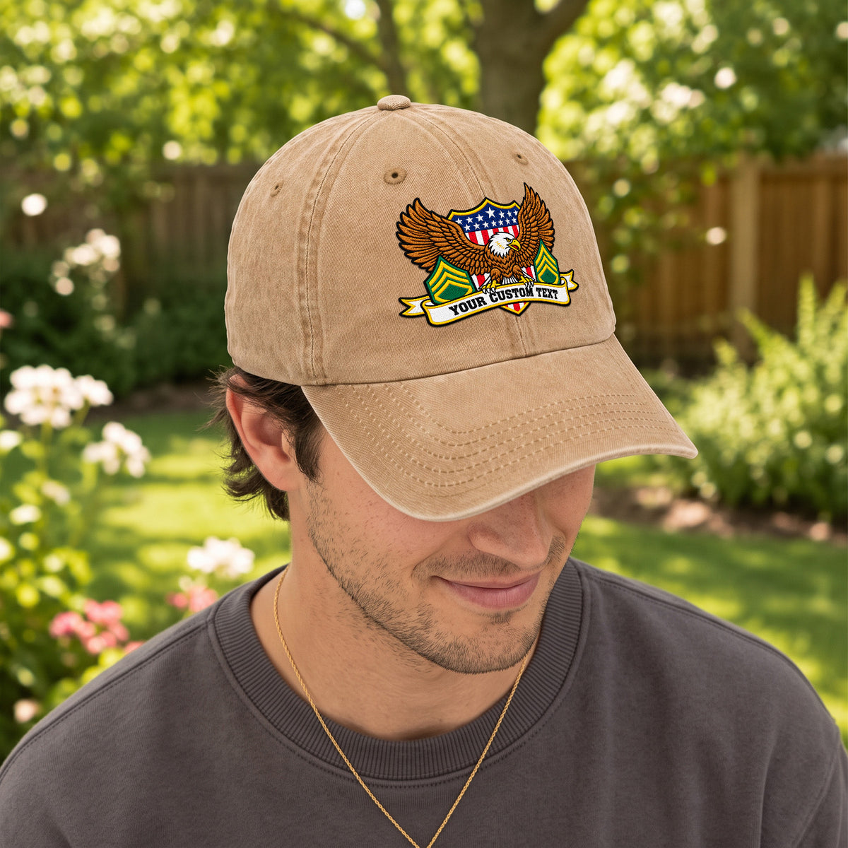 U.S. Army Embroidered Cap Custom Rank Text Veteran Gift
