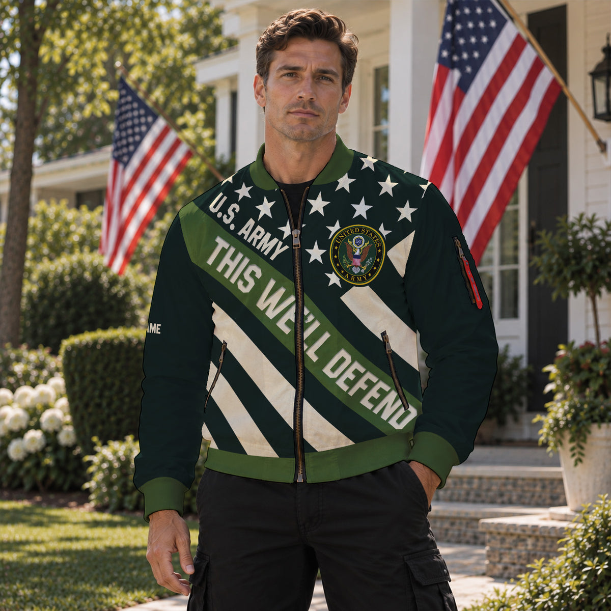 Custom US Army Soldier Bomber Jacket with Personalized Text & Military Rank