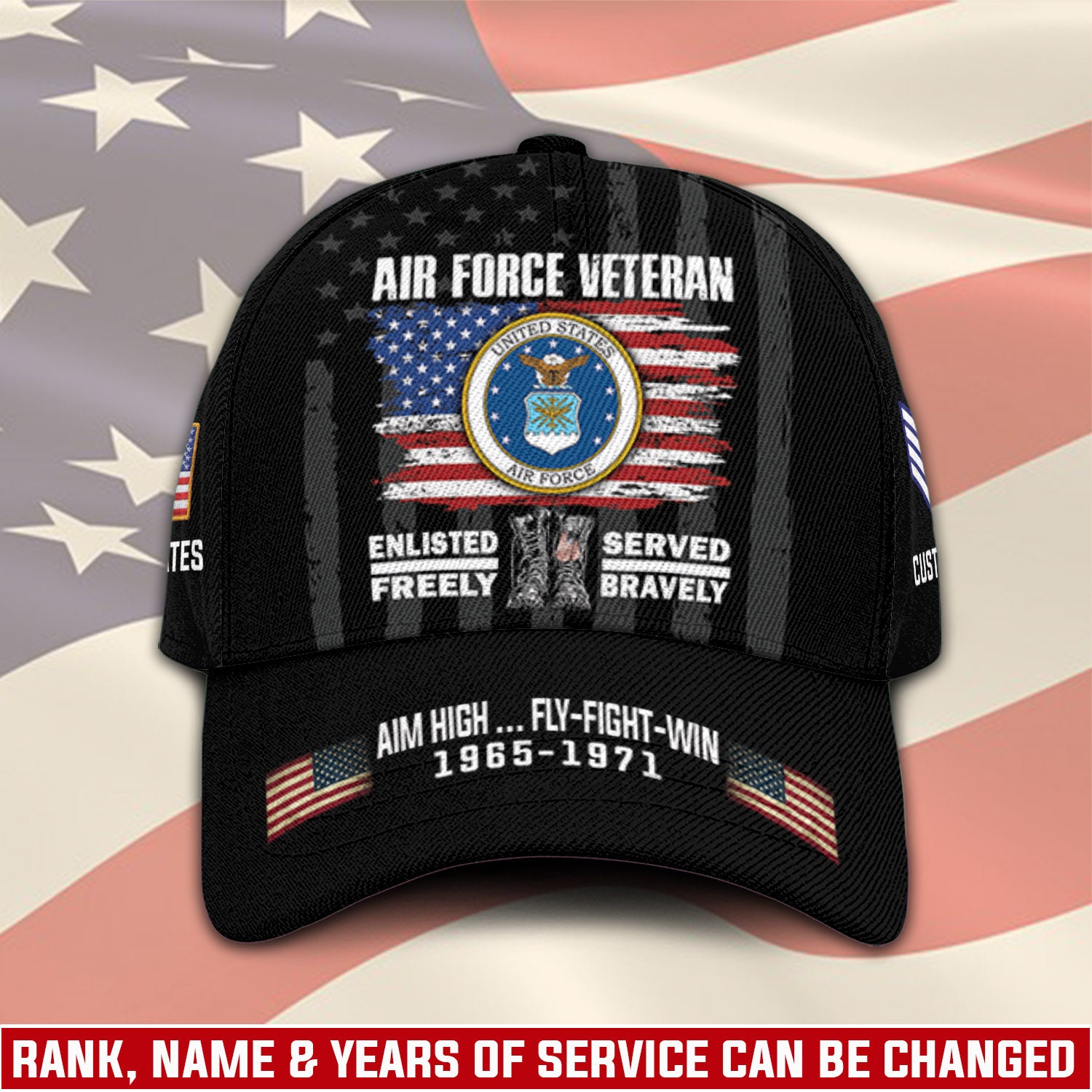 US Military Veteran Military Mottos Custom Ranks/Insignia, Personalized Name And Years Served All Over Prints Premium Classic Cap