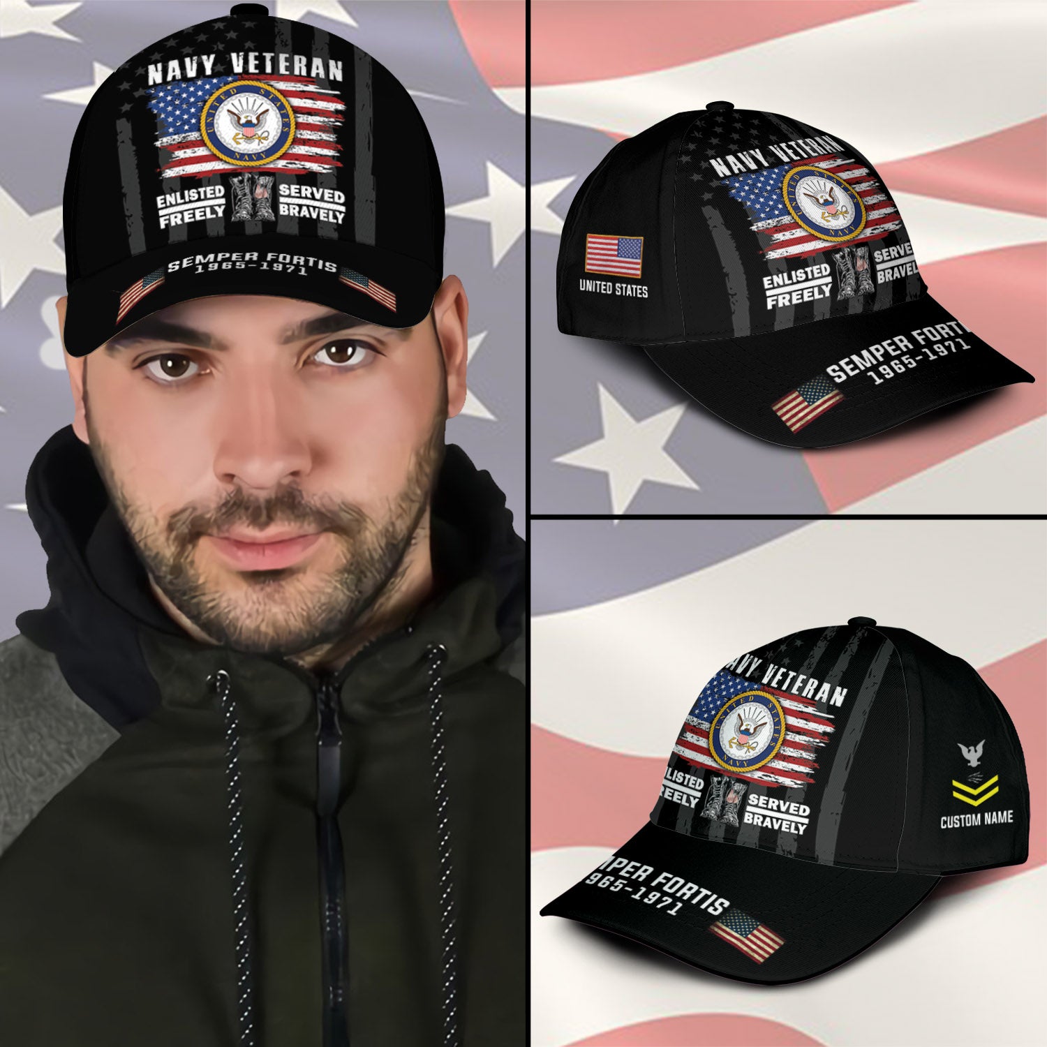 US Military Veteran Military Mottos Custom Ranks/Insignia, Personalized Name And Years Served All Over Prints Premium Classic Cap