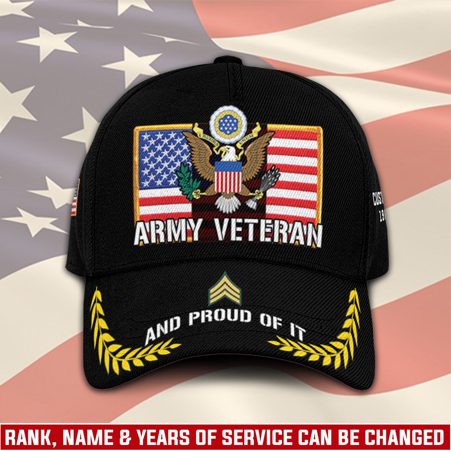 US Military Veteran Proudly Served Custom Ranks/Insignia, Personalized Name And Years Served All Over Prints Premium Classic Cap