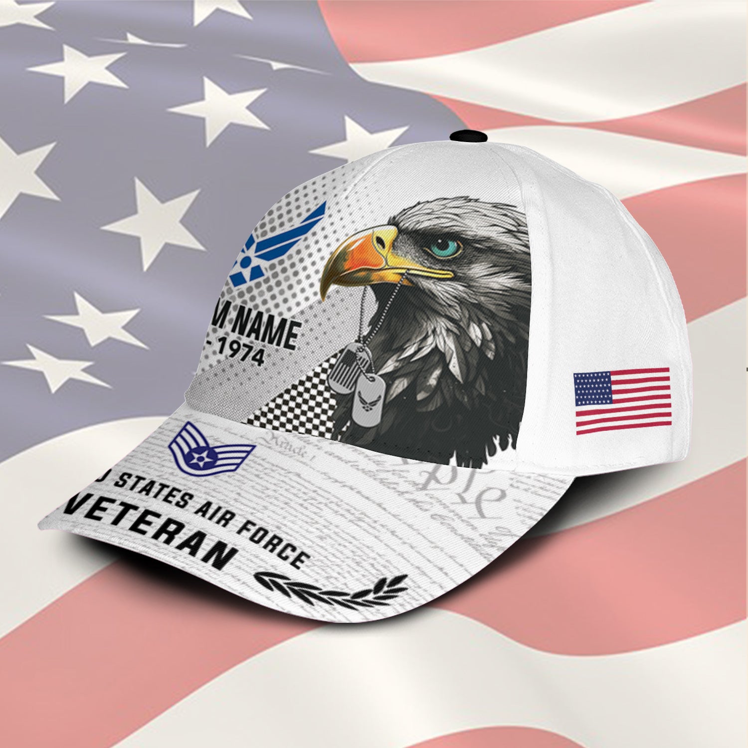 US Military Veteran American Eagle Custom Ranks/Insignia, Personalized Name And Years Served All Over Prints Premium Classic Cap