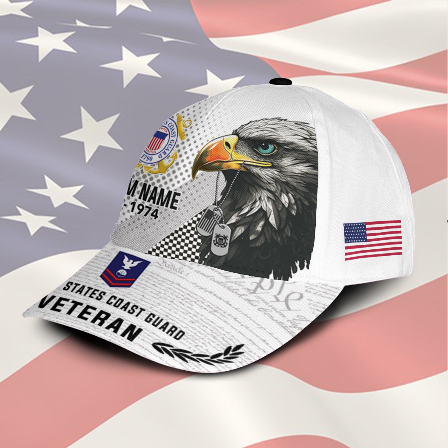 US Military Veteran American Eagle Custom Ranks/Insignia, Personalized Name And Years Served All Over Prints Premium Classic Cap