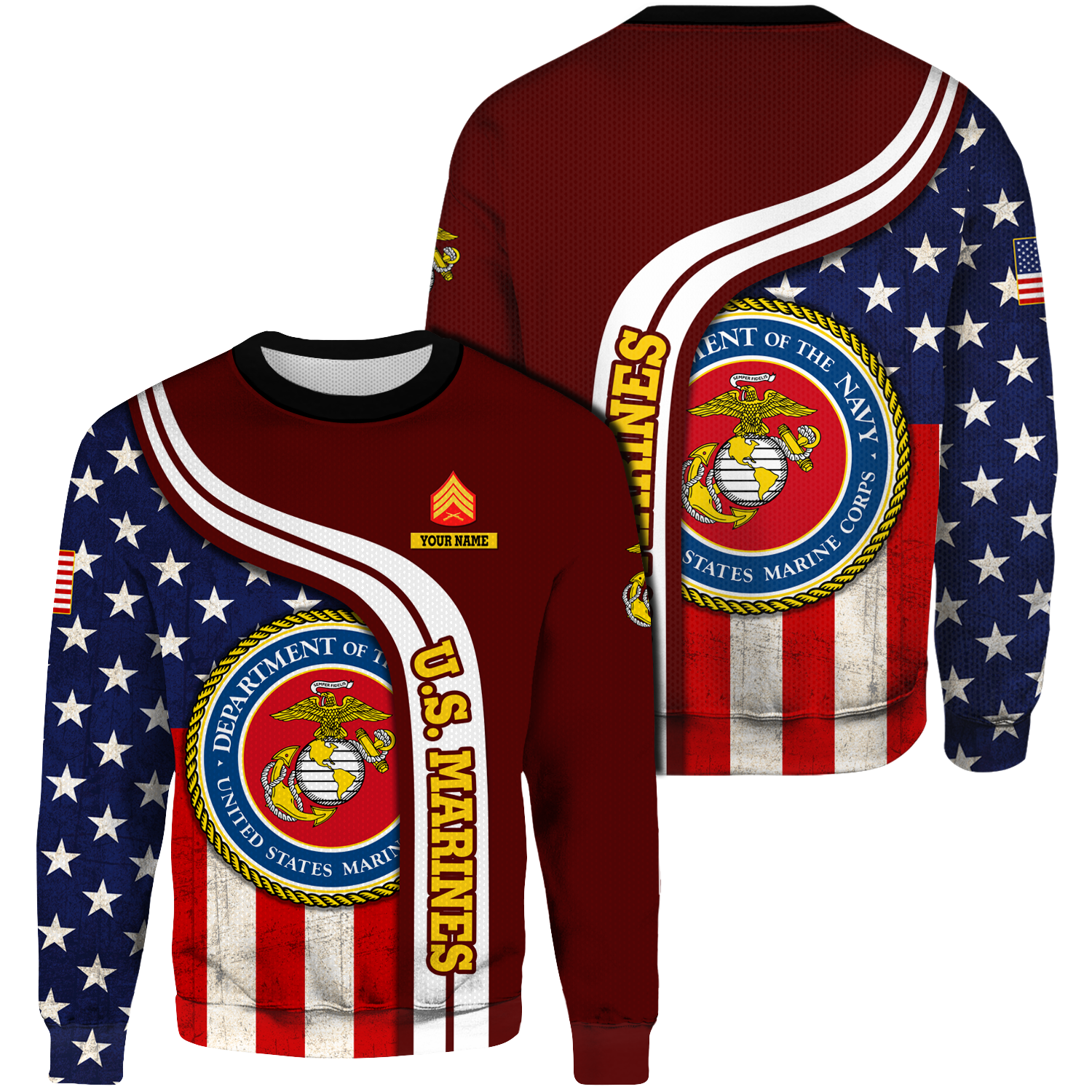 Custom 3D All Over Prints Ugly Sweater, Personalized Name And Military Logo, USA Flag