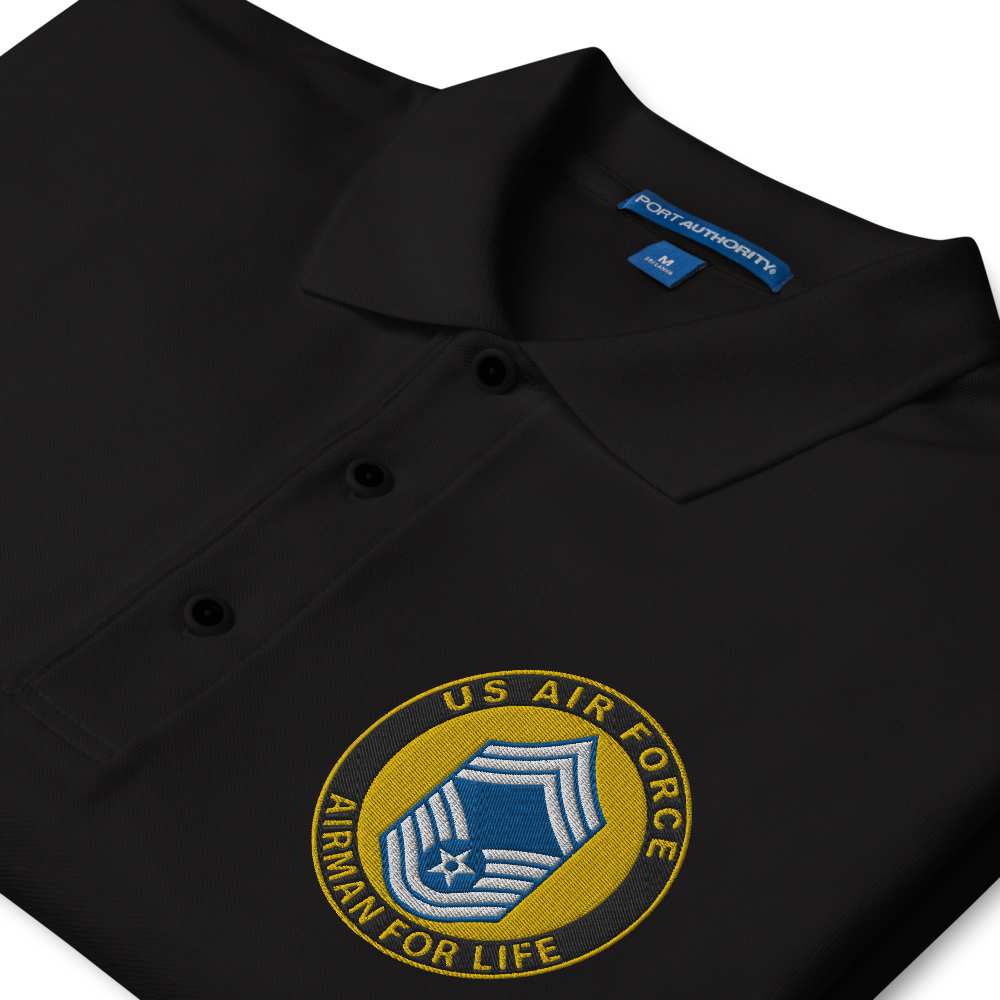 Custom US Air Force Ranks, Insignia Airman For Life Embroidered Port Authority Polo Shirt