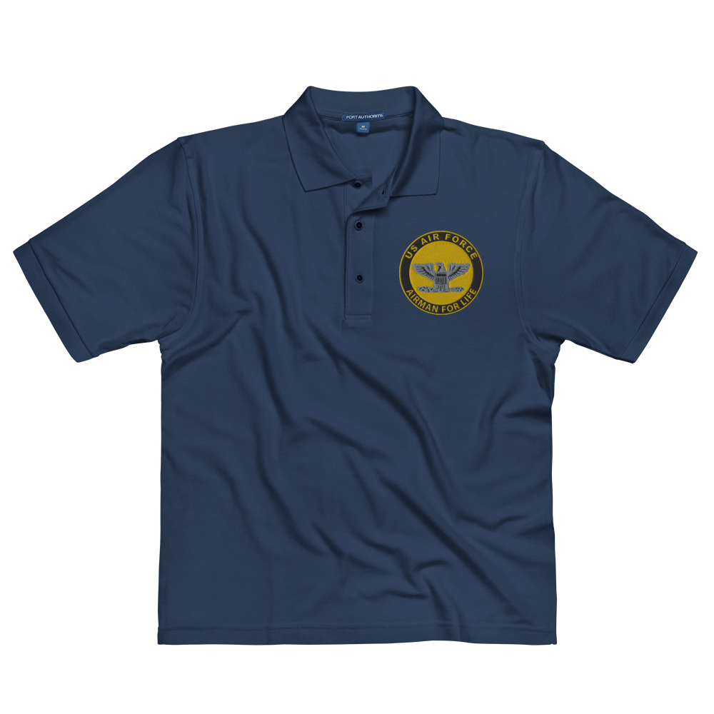 Custom US Air Force Ranks, Insignia Airman For Life Embroidered Port Authority Polo Shirt