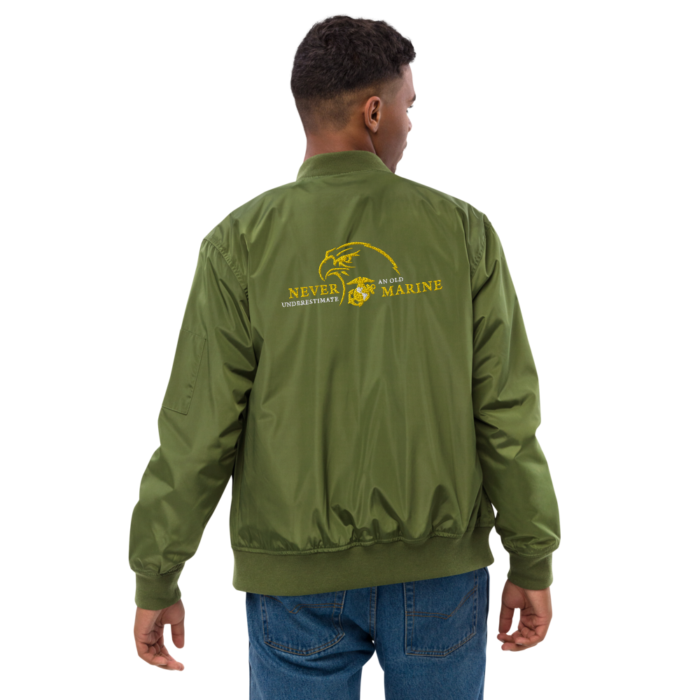 Never Underestimate An Old Marine, Custom US Marine Corps Ranks, Insignia On Back, Embroidered Recycled Bomber Jacket