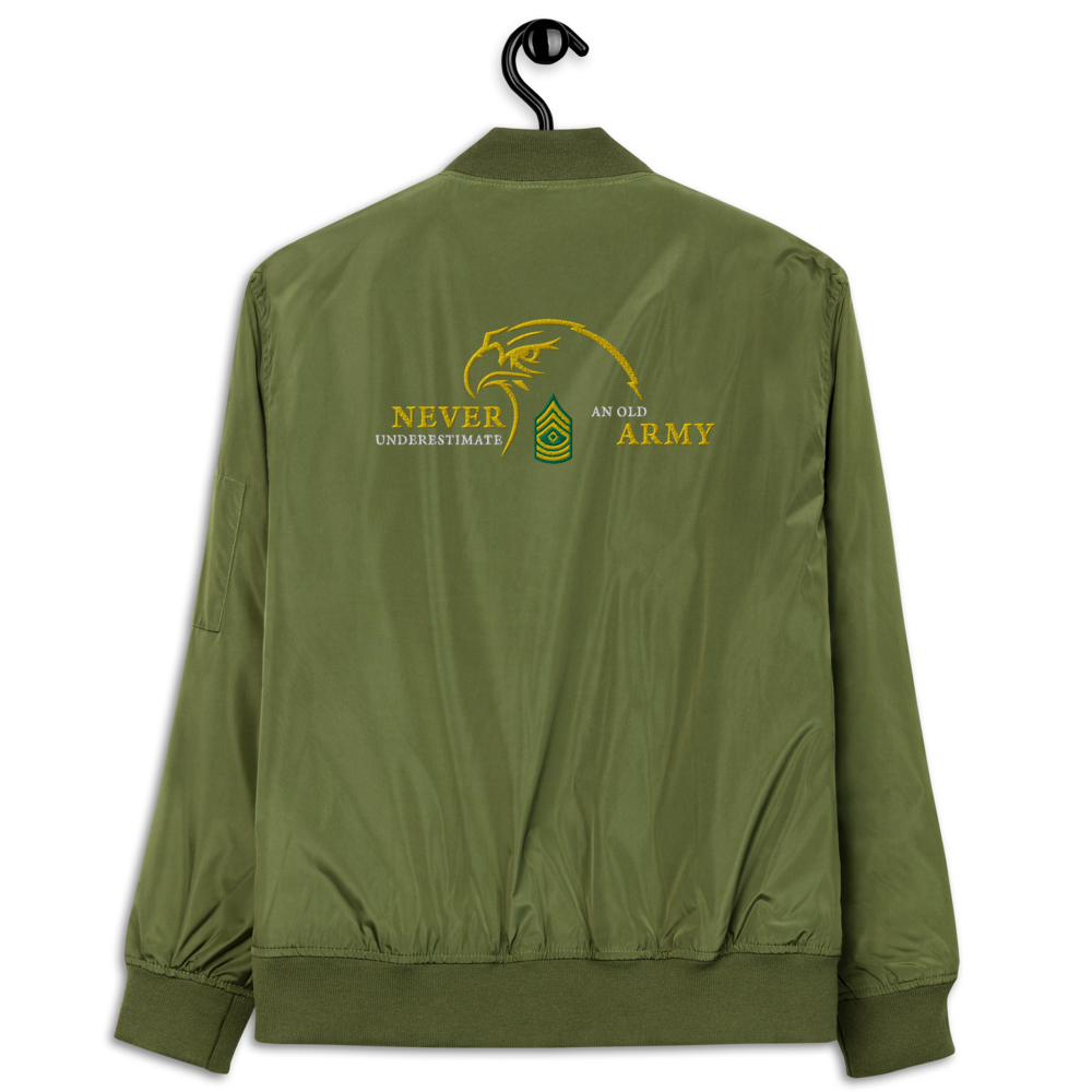 Never Underestimate An Old Army, Custom US Army Ranks, Insignia On Back, Embroidered Recycled Bomber Jacket