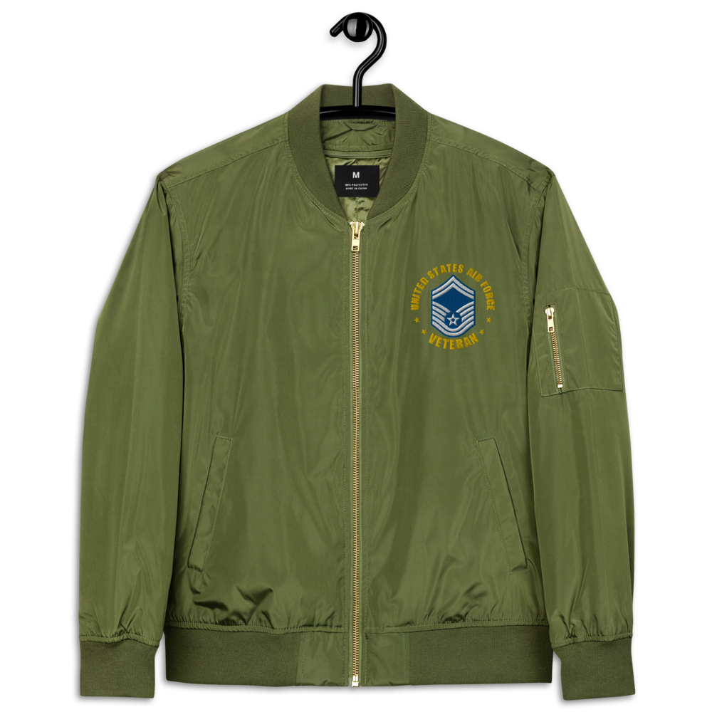 US Air Force Veteran Defender Of Freedom, Custom US Air Force Ranks, Insignia On Left Chest, Embroidered Recycled Bomber Jacket