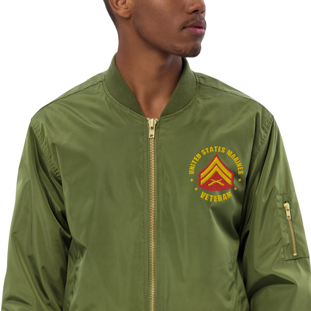 US Marines Veteran Defender Of Freedom, Custom US Marine Corps Ranks, Insignia On Left Chest, Embroidered Recycled Bomber Jacket