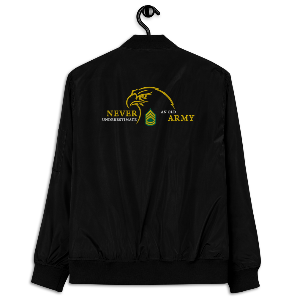 Never Underestimate An Old Army, Custom US Army Ranks, Insignia On Back, Embroidered Recycled Bomber Jacket