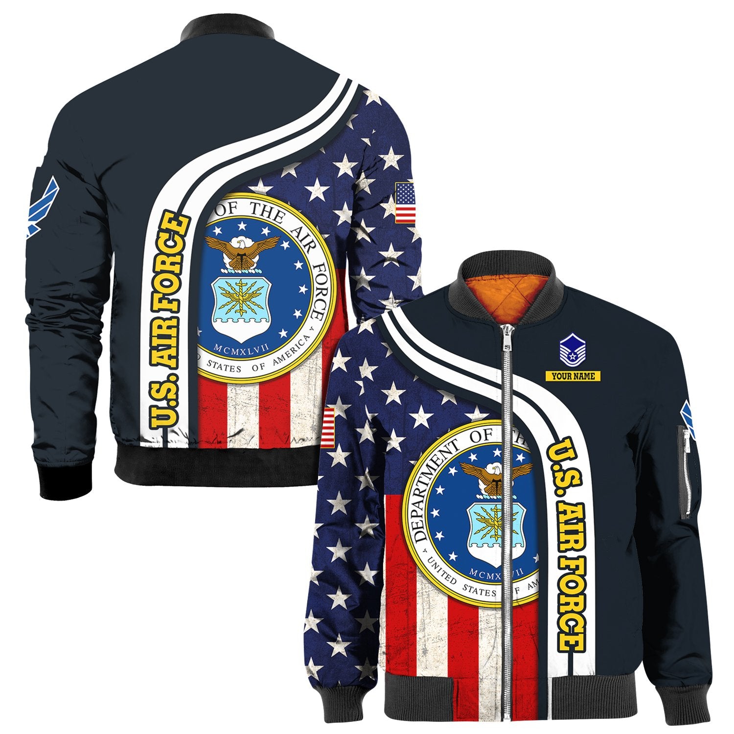 Custom 3D All Over Prints Bomber Jacket, Personalized Name And Military Logo, USA Flag-AOV-Custom-Veterans Nation