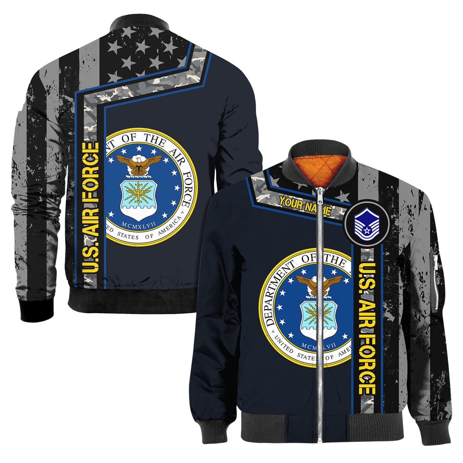 Custom 3D All Over Prints Bomber Jacket, Personalized Name And Military Logo, Black/White USA Flag-AOV-Custom-Veterans Nation