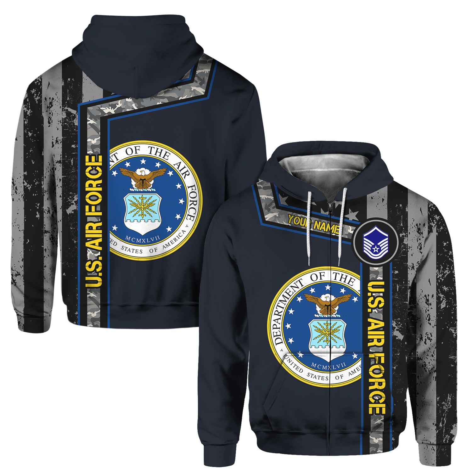 Custom 3D All Over Prints Hoodie, Personalized Name And Military Logo, Black/White USA Flag-AOV-Custom-Veterans Nation