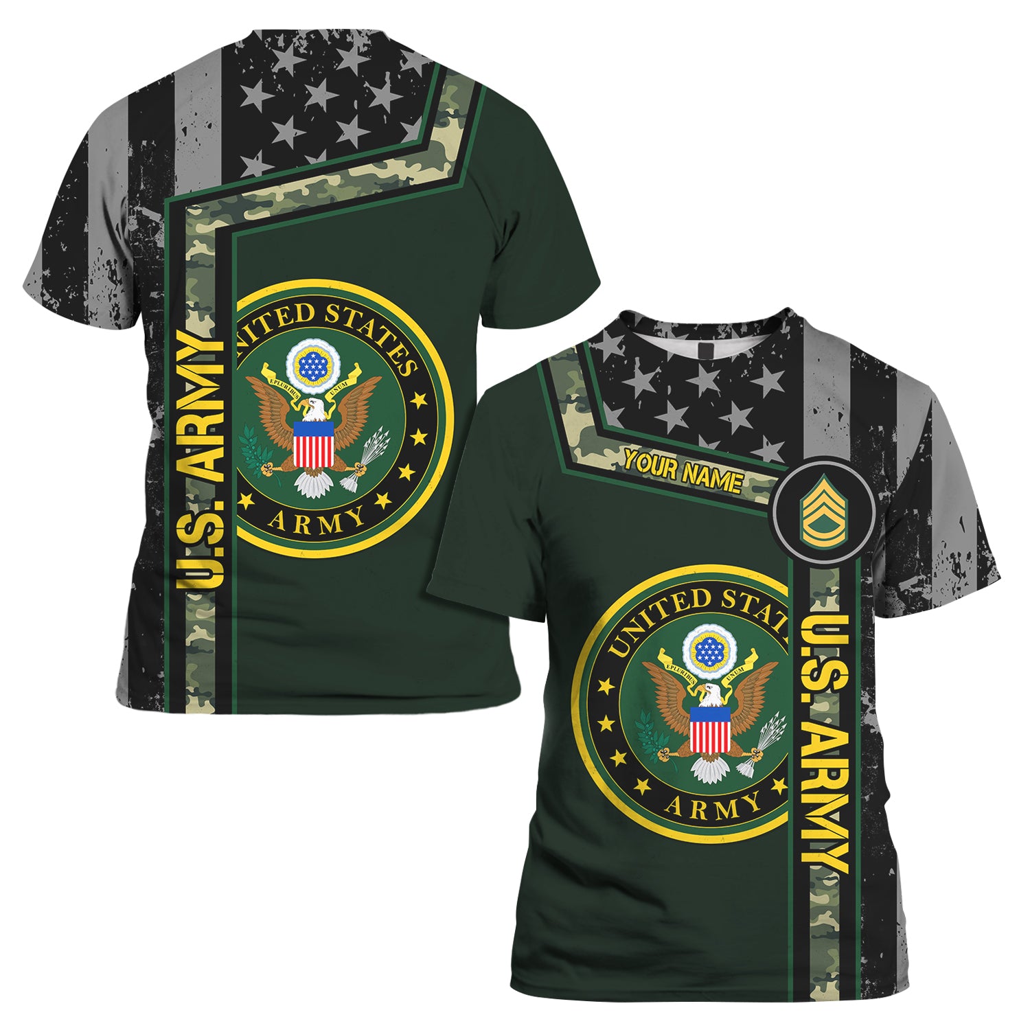 Custom 3D All Over Prints T-Shirt, Personalized Name And Military Logo, Black/White USA Flag-AOV-Custom-Veterans Nation