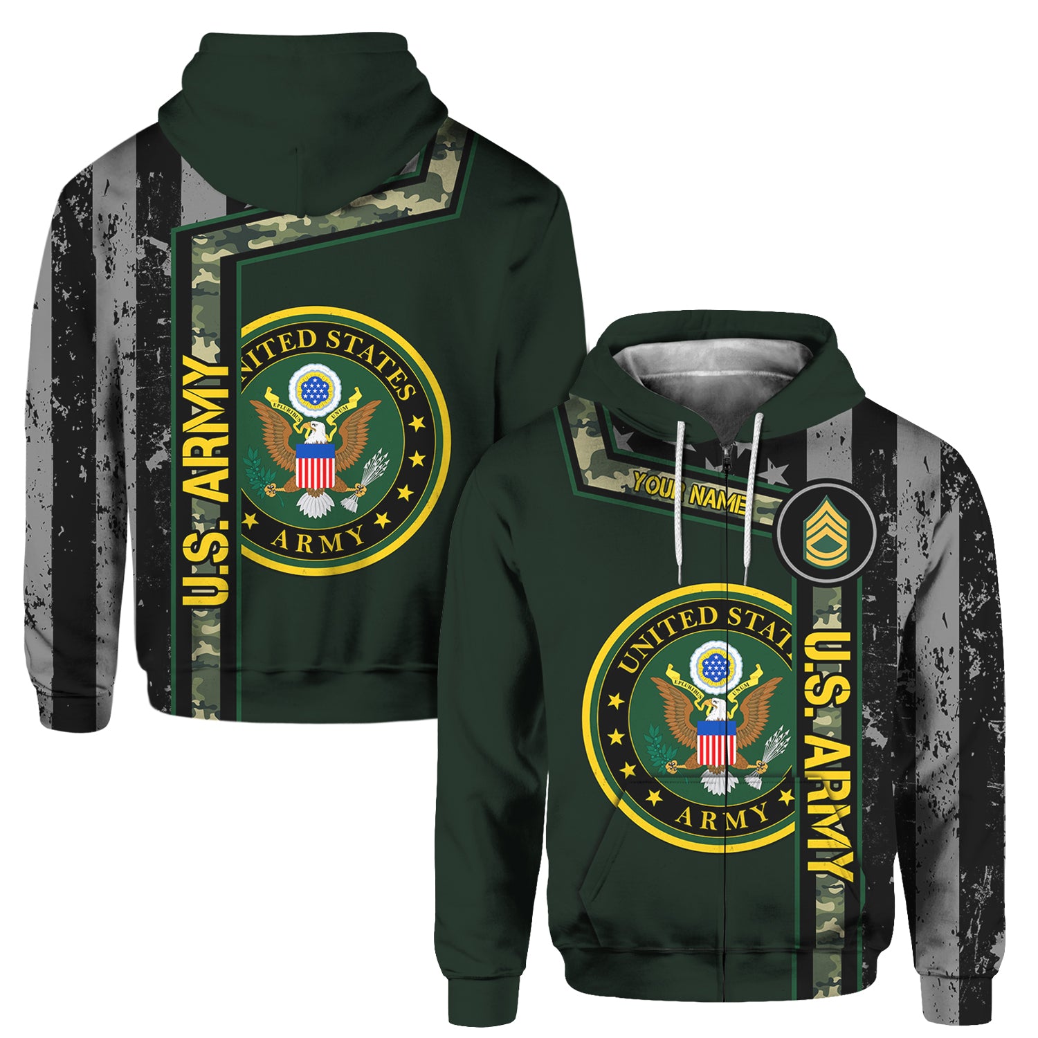 Custom 3D All Over Prints Hoodie, Personalized Name And Military Logo, Black/White USA Flag-AOV-Custom-Veterans Nation