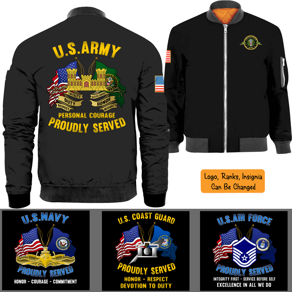 US Military Logo/Ranks Proudly Served Core Values Bomber Jacket-Bomber-AllBranch-Veterans Nation