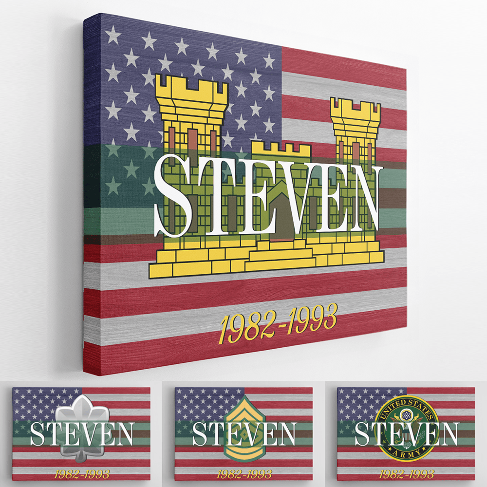 Personalized Canvas 1.5in Frame - USA Flag With Military Ranks/Insignia - Personalized Name & Ranks D06-Canvas-Personalized-AllBranch-Veterans Nation