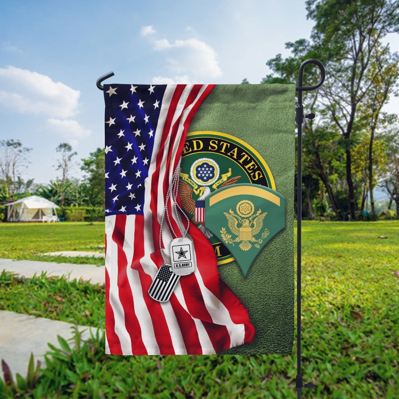 Half USA Flag With Military Ranks/Insignia D05 Garden Flag/Yard Flag 12 Inch x 18 Inch Twin-Side Printing-GDFlag-AllBranch-Veterans Nation