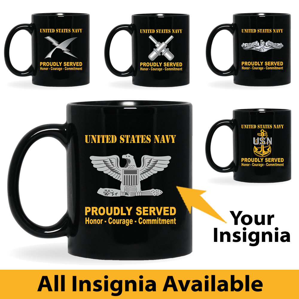 US Navy Insignia Proudly Served Core Values 11oz - 15oz Black Mug-Mug-Army-Veterans Nation