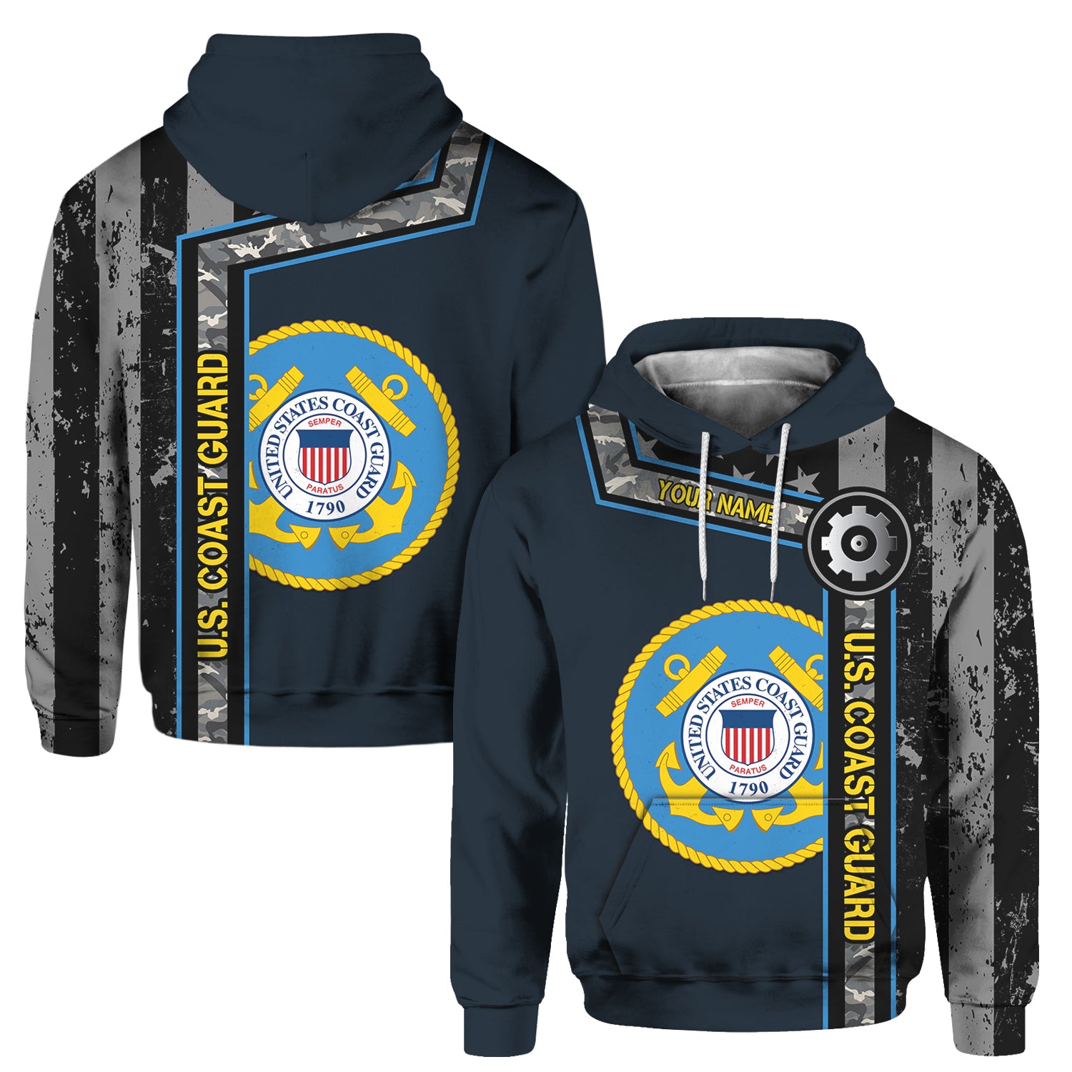 Custom 3D All Over Prints Hoodie, Personalized Name And Military Logo, Black/White USA Flag-AOV-Custom-Veterans Nation