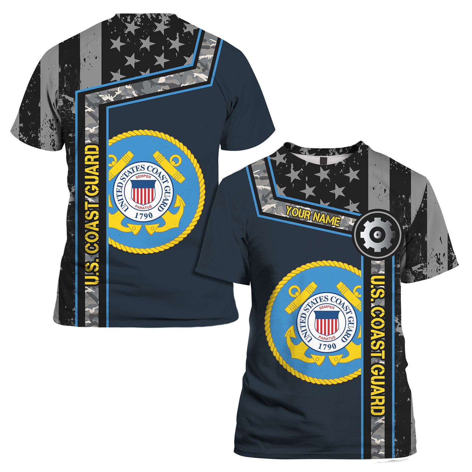 Custom 3D All Over Prints T-Shirt, Personalized Name And Military Logo, Black/White USA Flag-AOV-Custom-Veterans Nation