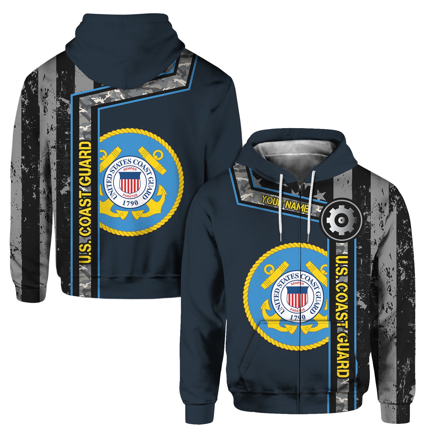 Custom 3D All Over Prints Hoodie, Personalized Name And Military Logo, Black/White USA Flag-AOV-Custom-Veterans Nation