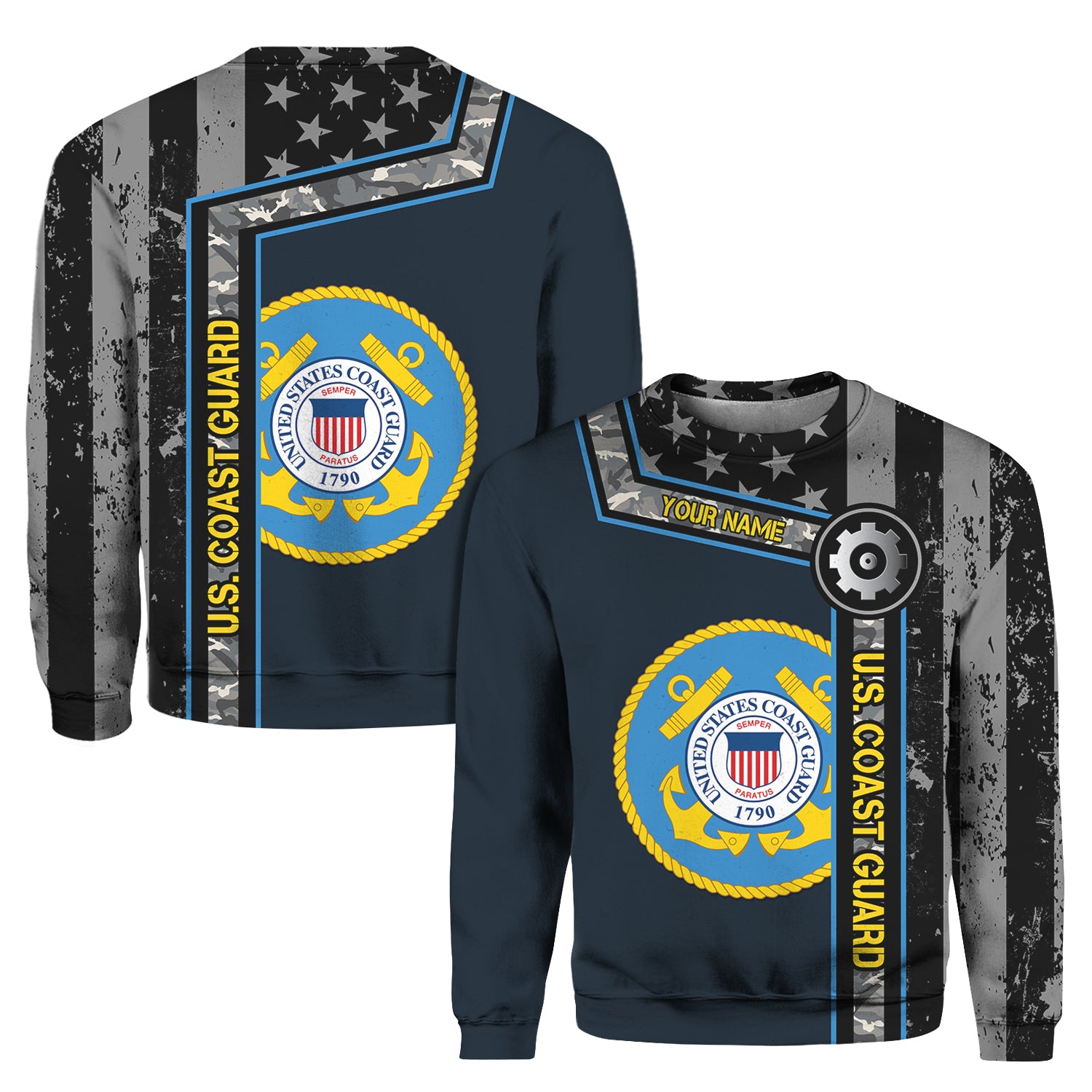 Custom 3D All Over Prints Crewneck Sweatshirt, Personalized Name And Military Logo, Black/White USA Flag-AOV-Custom-Veterans Nation