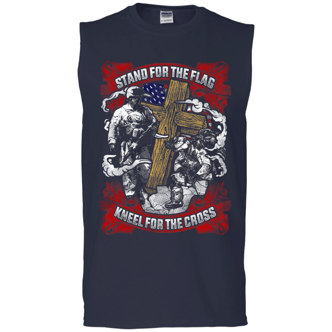 Military T-Shirt "Stand For the Flag Kneel For The Cross Men" Front-TShirt-General-Veterans Nation