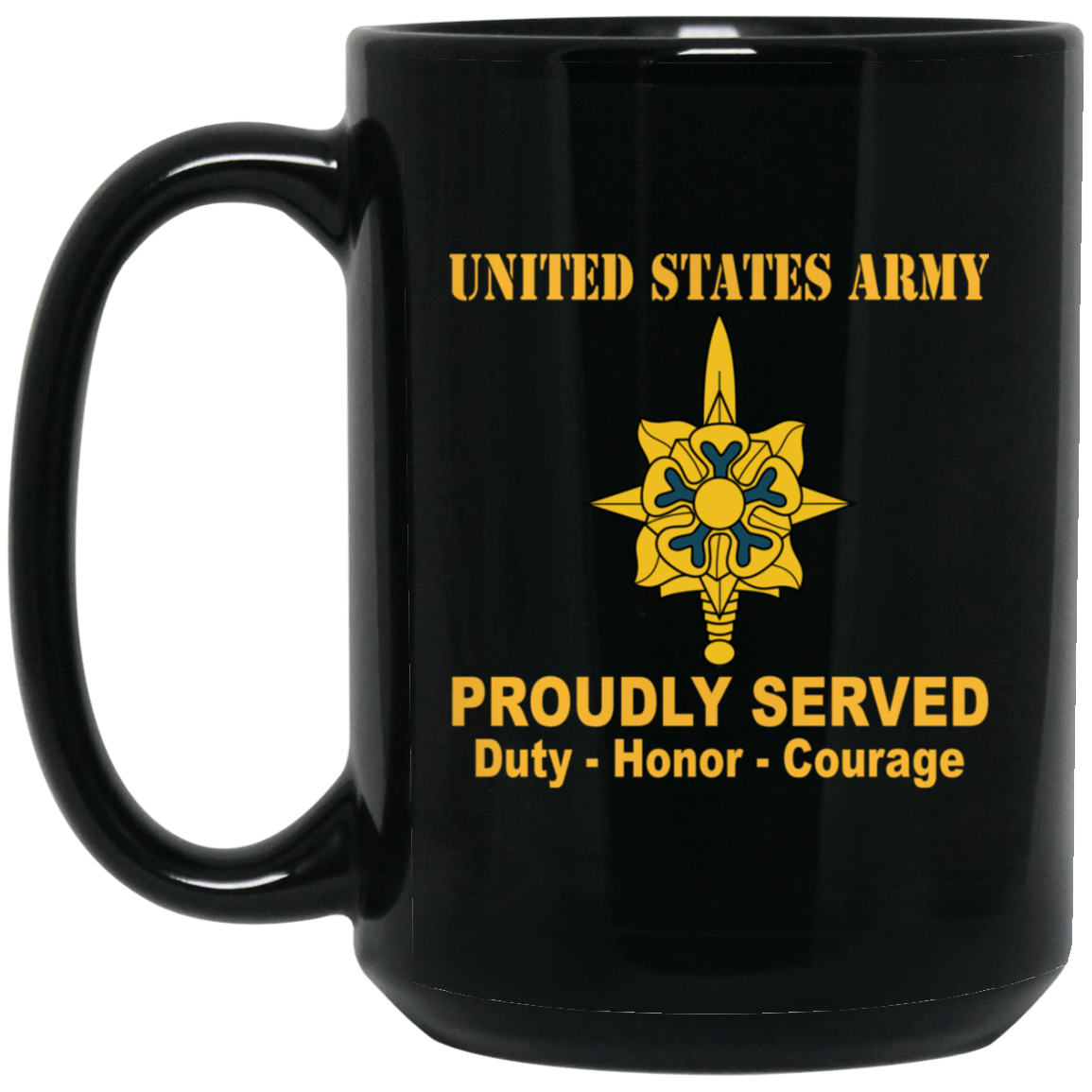 US Army Insignia Proudly Served Duty - Honor - Courage Black Coffee Mug 11oz-15oz-Mug-Army-Veterans Nation